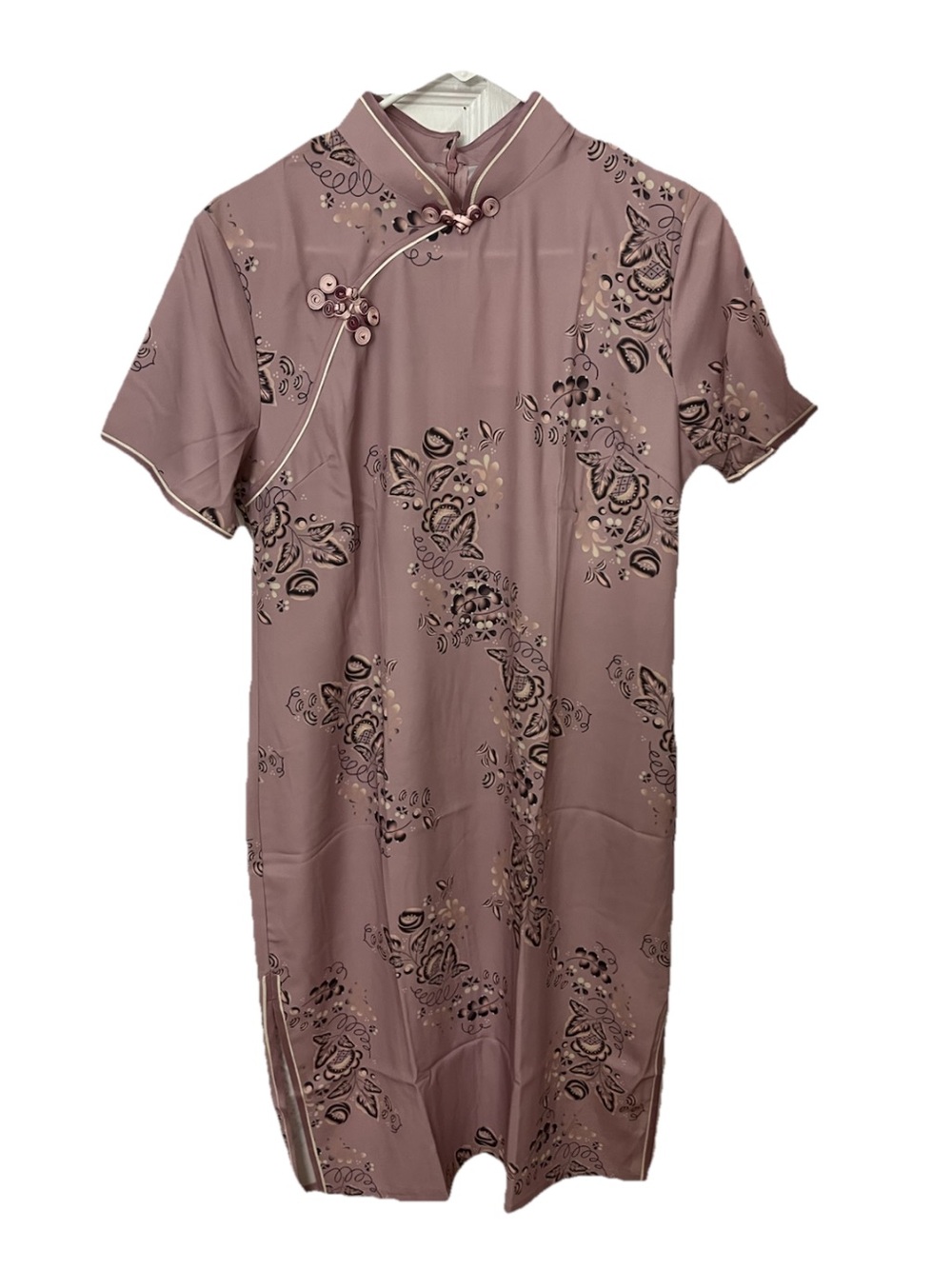 Mauve Floral Short-Sleeve Cheongsam Dress